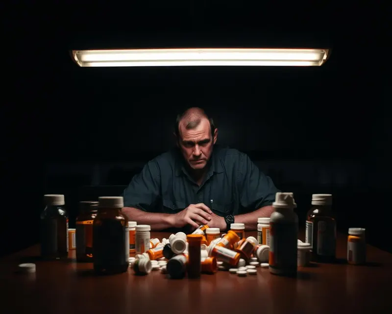 Homem cercado por medicamentos